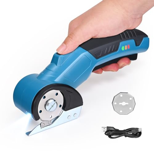 Taglierina Elettrica Forbici Elettriche, Taglierina Rotante a Batteria Lama in Acciaio SK5, Spessore 320 RPM, Luce LED, Blocco di Sicurezza Type-C per Stoffa, Cuoio, Cartone, Tappeti