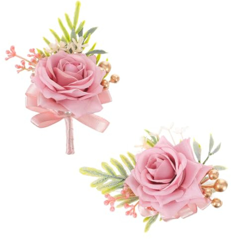 2 Pcs Prom Corsage Wrist, Corsage and Boutonniere Set (Pink), Boutonniere