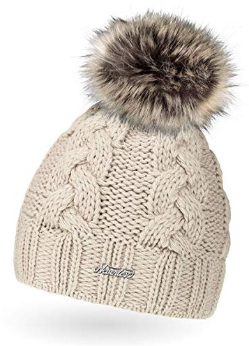 Neverless® Damen Strickmütze Zopfmuster Fleccefutter Bommelmütze Pudelmütze Wintermütze Accessoires Herbst Winter Model 2213 Hell-beige Unisize