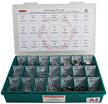Set Unterlegscheiben DIN 9021/125/127 M3 bis M12 Edelstahl A4 VA V4A | Sortiment Edelstahl A4 Unterlegscheiben DIN 9021/125 / 127 Durchmesser M3 bis M12 909 Teile Material VA V4A