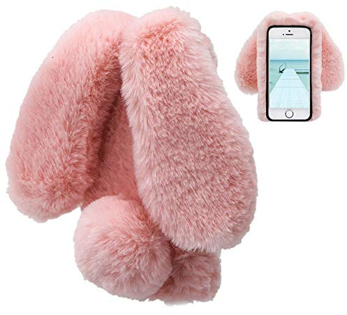 LCHDA Plüsch Hülle für iPhone 7/iPhone 8 Künstlicher Haar Flauschige Kaninchen Handyhülle Mädchen Süße Hasen Ohren Fell Niedlich Handytasche Stoßfest Schützend TPU Silikonhülle - Rosa