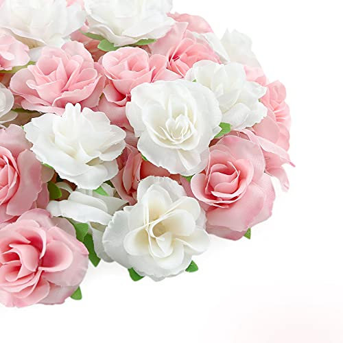 Kesote 50Pcs Artificial Rose Flower Heads Pink & White Realistic Artificial Flower Rose Heads for Wedding Party Album Decoration & Garden Decoration DIY Craft Project