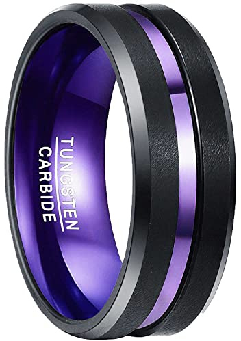 NUNCAD 8mm Bague en Tungstène Noir avec Intérieure et Rainure Violet, Bague Homme Femme pour Fiancaille Quotidien Mariage Cadeau Taille 61(19.4)