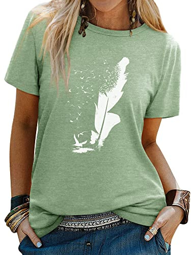 Dresswel Women's T Shirts Feather Print Crew Neck T-Shirt Summer Tops | Casual Short Sleeve Peace Dove Graphic Basic Cotton Tee Shirts