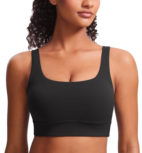 CRZ YOGA Butterluxe Womens U Back Sports Bra - Scoop Neck Padded Low Impact Yoga Clothes Workout Crop Top with Built in Pads Black Medium