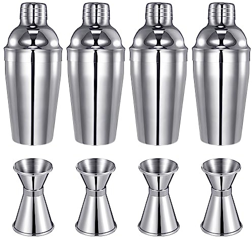 Umigy Cocktail Shaker Set Martini Shaker Bulk Stainless Steel Martini Mixer with Strainer and Double Measuring Jigger for Bar Party Home Use Wine Bar(18 Oz/ 550 ml,4 Packs)