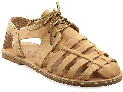 36 Beige Emmanuela Fischer-Sandalen aus Leder im antiken griechischen Stil für Damen mit Schnürsenkeln, handgefertigte Leder-Käfig-Schnürsandalen für Damen, hochwertige Sommer-Riemchenschuhe