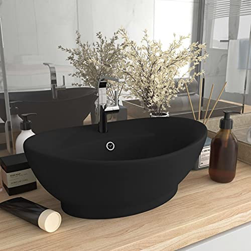 Homgoday Luxus-Waschbecken Überlauf Matt Schwarz 58,5x39cm Keramik Waschtisch Waschplatz Handwaschbecken Aufsatzwaschbecken für Badezimmer und Gäste-WC