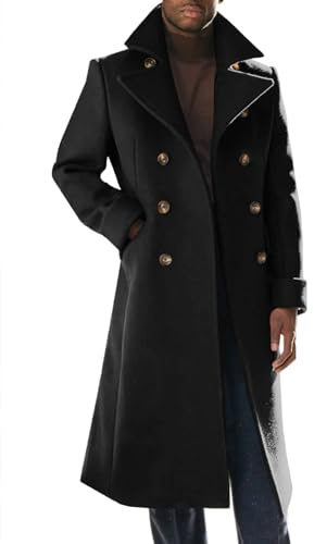 Runcati Mens Trench Coat Notch Lapel Slim Fit Double Breasted Long Pea Coat Winter Warm Overcoat