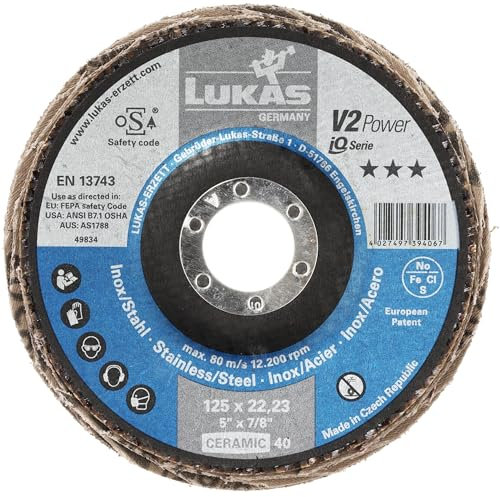 LUKAS-ERZETT - 5 dischi abrasivi a ventaglio V2 Power universali, Ø 230 mm, grana 40, piatto, 23 x 23 x 8 cm