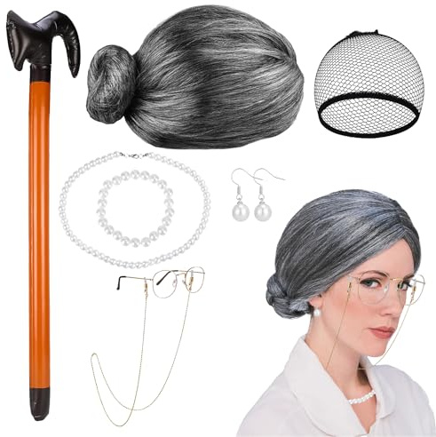 Mormor kostym mormor peruk gammal dam peruk mössa grå peruk grå klädsel set matchande pärlhalsband armband örhängen glasögon och käpp för cosplay halloween karneval och karneval evenemang