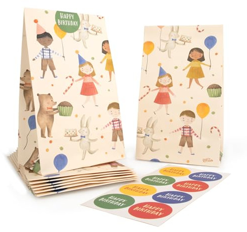 PARTY PARTY 8 Kindergeburtstag Geschenktüten bunt mit Happy Birthday Stickern, Party Tüte Waldtiere Geburtstag, Papiertüte, Mitgebsel, Candy Tüten, kleine Geschenke, 18 x 12 cm