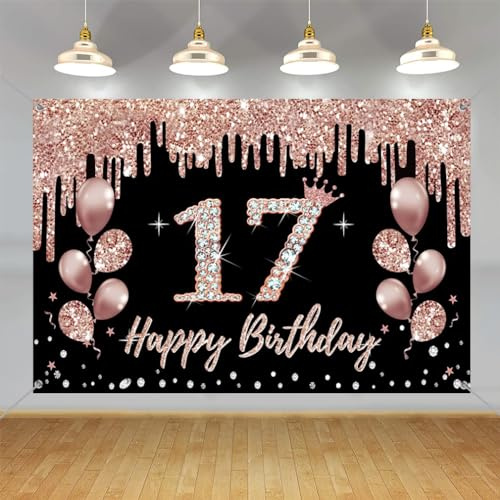17. Geburtstag Dekorationen für Mädchen - Party Dekoration Schwarz und Roségold, Stoffschild, Hängende Poster, Hintergrund Banner, Willkommensschild