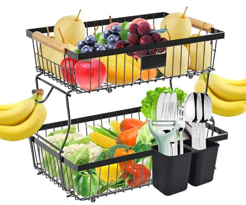 Yiomxhi Cesto per Frutta a 2 Livelli con Porta Banana, Supporto per Verdure e Pane per Ripiano della Cucina, Portafrutta Alzatina, Scaffale per Snack, Nero