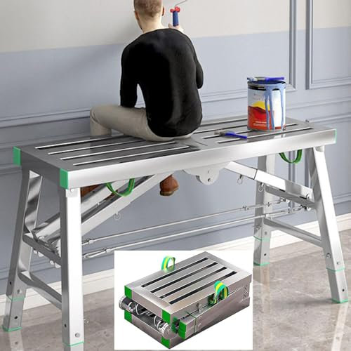 Adjustable Work Platform with 400 kg Duty Rating, Portable Multipurpose Folding Scaffolding Work Platform Scaffold Tower Ladder Stool Bench Adjustable Height, Carbon Steel Structure