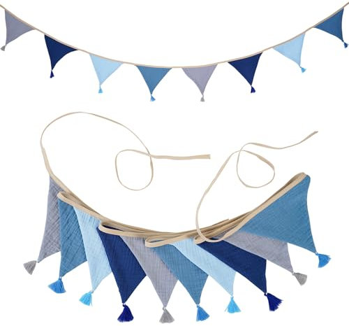 DMSESRLS Girlande Wimpelkette Kinderzimmer, Musselin Baumwolle Stoff Wimpelkette mit Quasten, 2.6m Wetterfest Wimpelkettes Outdoor für Girlande Kinderzimmer Deko, Hausbett (Morandi Blau)