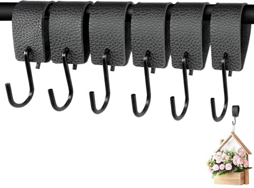 NVGVUP 6 ganci a S con passante in pelle, colore nero, ganci da appendere, ganci per appendiabiti, ganci in pelle