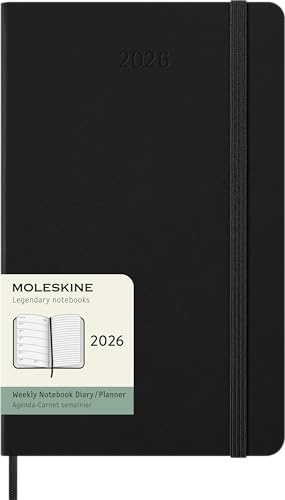 Moleskine Wochenplaner, Wochenagenda 2026 12 Monate mit Platz für Notizen, mit festem Einband und Gummibandverschluss, Großformat 13x21, Farbe Schwarz