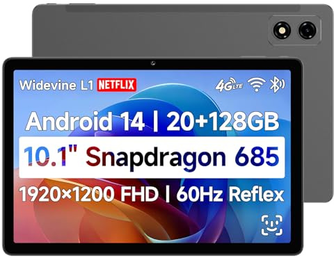 BNCF Tableta de 10.1 Snapdragon 685, Android 14, resolución FHD 1920x1200, 60Hz, Widevine L1, 20GB+128GB (hasta 1TB TF), cámaras 5MP+5MP, 4G LTE, WiFi 2.4G/5G, BT5.0, GPS, 6500mAh