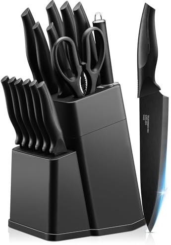 Joyfair Kitchen Knife Set, 15 Pieces Carbon Stainless Steel Kitchen Knife Block Set, Professional Sharp Cutting Tool Set for Chopping/Dicing/Slicing Steak Bread Fish Vegetable, Rust Free, Black