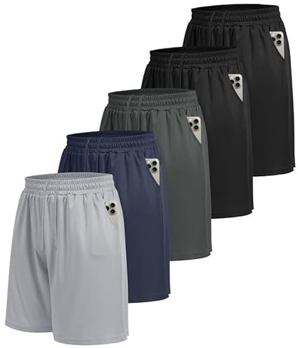 BOOJO 5er Pack Sporthose Herren Kurz Sport Shorts mit Taschen Schnell Trocknend Trainingshose Jogginghose Laufhose für Gym Basketball(Schwarz*2/Dunkelgrau/Dunkelblau/Hellgrau,XL)