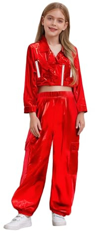 Alvivi Conjunto Metalizado de 2 Piezas Niños para Bailar Jazz y Hip - Hop con Chaqueta y Pantalones Cargos Ropa de Danza Urbana Rojo 13-14 años