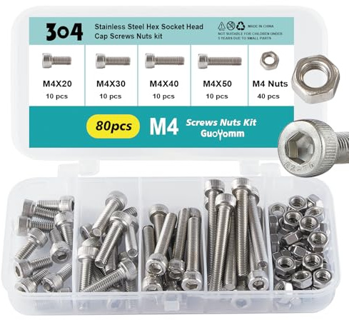 GuoYomm Lot de 80 vis à six pans creux M4 avec écrous en acier inoxydable 304 Jeu de boulons mécaniques entièrement filetés dans une boîte combinée, longueurs : 20 mm, 30 mm, 40 mm, 50 mm