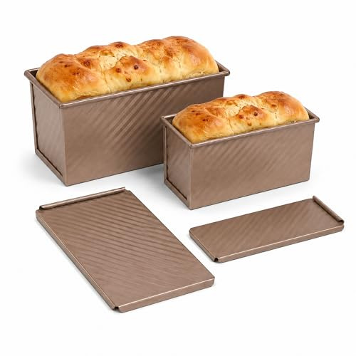 URMONA Molde para Pan con Tapa Set 2 Piezas, Moldes para Pan de Molde con Orificios de Ventilación, Acero al Carbono para Horno y Panificadora (M+L,Rosado Dorado)