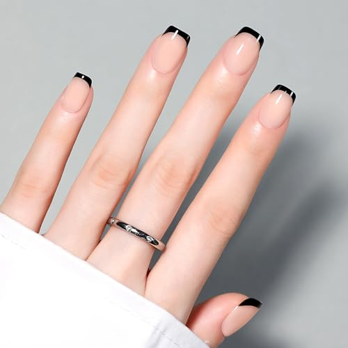 Luxbon Press on Nails French Black Tip - Unghie Finte Corte Kit Completo con Colla Adesiva Senza Polimerizzazione e Strumenti, Taglie 13-16, Riutilizzabile, Applicazione Rapida 040