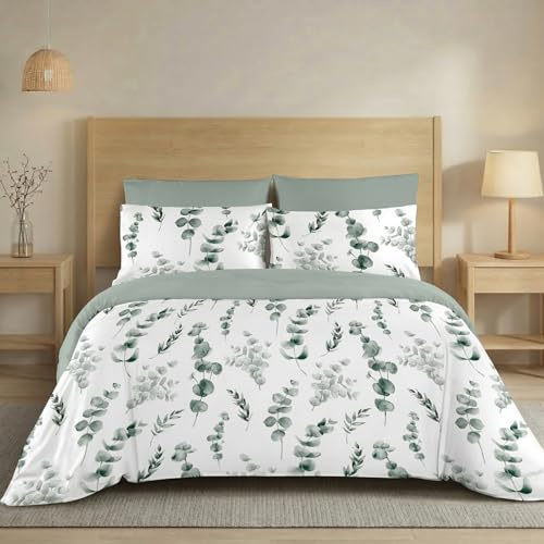 H HANSEL HOME Funda Nórdica Cama 135 de 3 Piezas Transpirable Suave al Tacto 100% Microfibra, Funda Edredón 220x220cm con 2 Fundas de Almohada 50x70cm - Eucalipto