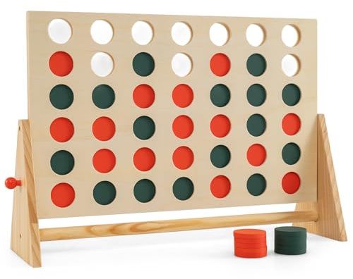COSTWAY Jeux Puissance 4 Géant Enfant avec 42 Jetons, Jeu de Société en Bois de Pin, Jeu d'Adresse Intérieur Extérieur pour Enfants Adultes pour Jardin Salon Fête