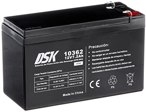 DSK 10362 – Batteria al piombo AGM sigillata e ricaricabile ad alta scarica da 12V 7,2Ah Ideale per UPS-SAI, sistemi di sicurezza e comunicazione, luci di emergenza