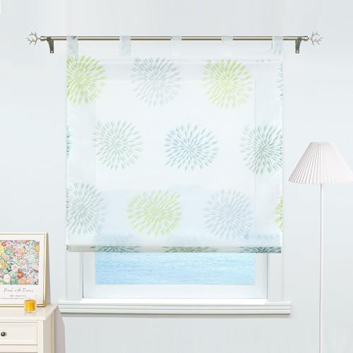 ESLIR Raffrollo mit Schlaufen Gardinen Küche Raffgardinen Transparent Schlaufenrollo Vorhänge Kreis-Motiven Modern Voile Grün BxH 120x140cm 1 Stück