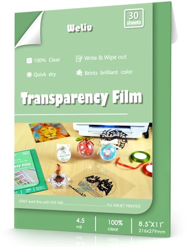 Weliu Transparency Sheets for Inkjet Printers, 30 Sheets 8.5 X 11, Clear Acetate Sheets, Inkjet Transparency Film & Transparency Paper for Overhead Projectors