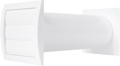 Kit de ventilación de 100 mm a través de la pared – Ajustable – Capucha de ventilación para secadora con tubo y conector de conducto – Blanco – Plástico – Con malla incorporada