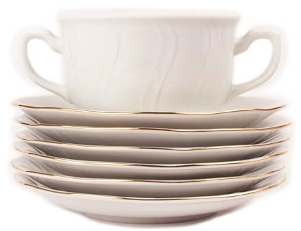 Juego de boles (24 piezas) consomé de porcelana blanca Lubeck, 12 boles consomé con asas (35 cl), 12 platillos para tazas, con filo de oro