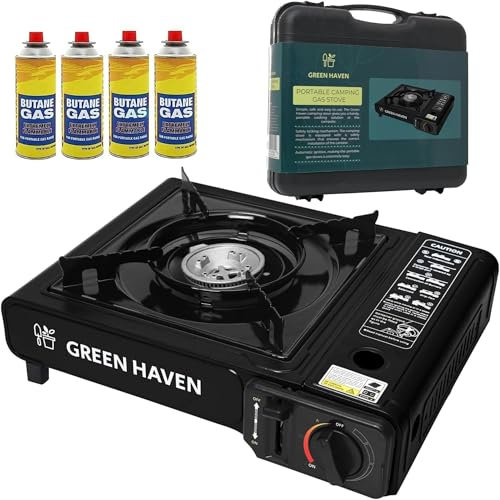 GREEN HAVEN Black Portable Camping Stove with Cary Case & 4 Butane Gas - Premium Camping Gas Stove, EN417 Compliant, Portable with Automatic Ignition & Heat Control
