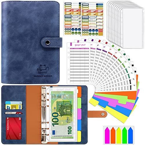 Aocii Budget Planner, Budget Binder A6, Geld Organizer, Bugetplaner mit Folien, Finanzplaner, Haushaltsbuch mit Geldfächer Umschlagmethode, Cash Stuffing Set mit Ringbuch A6 (Blau)