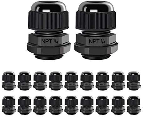 AIRIC 20 Pcs 1/4 NPT Cable Glands Nylon PA66, IP68 Waterproof Adjustable Power Strain Relief Cord Grips, Junction Box Wire Gland Grip Connectors with Gaskets and Locknut, Black