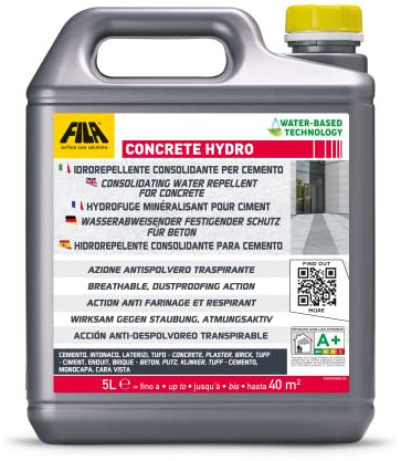 FILA Surface Care Solutions, CONCRETE HYDRO, Protettivo Idrorepellente per Cemento ad effetto Consolidante, Impermeabilizzante Trasparente ad Effetto Naturale, Adatto ad Uso Interno ed Esterno, 5L