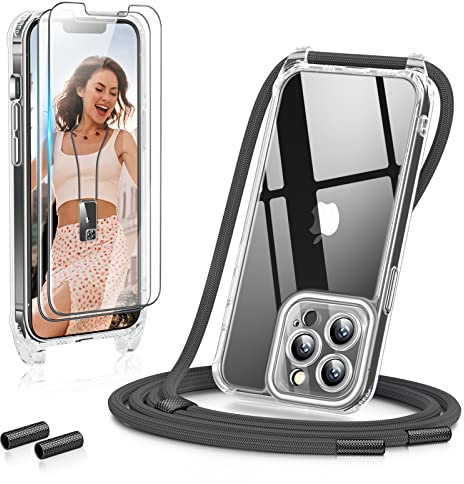 GOODVISH 3 in 1 Handykette für iPhone 13 Pro 6,1, mit 2 Stück Schutzfolie | 360°-Schutz | Kameraschutz | Necklace Hülle mit Band Handyhülle für zum Umhängen | Transparent Case mit Schnur-Dunkelgrau