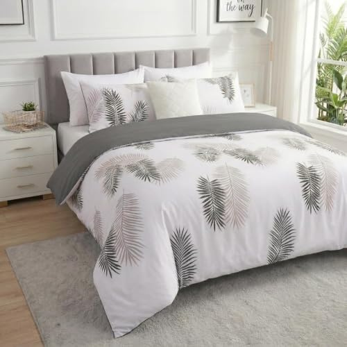 Imperial Rooms Super King Duvet Cover Set 260x220 cm, 3-Piece Brushed Microfiber Bedding Set with Pillowcases – Leaf Print, Breathable, Fade-Resistant, Button Closure