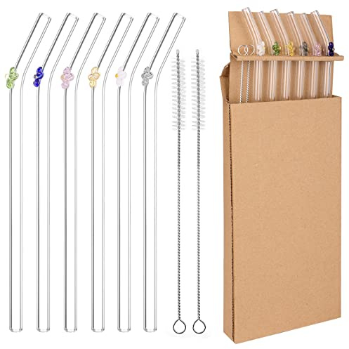 6 Pcs Glass Straw, Reusable, with 2pcs Cleaning Brush | Clear Glass with Flowers For Smoothie Milk Coffee Cocktail Water Juice