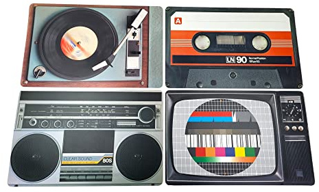 BUSDUGA 4210 4er Set Untersetzer im Retro Look, 43x28,5cm, Nostalgische Tischsets HiFi Geräte