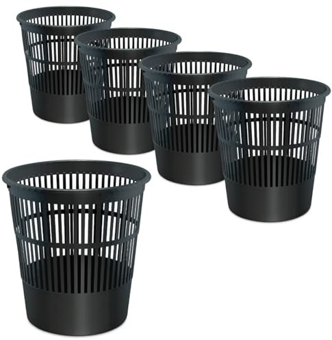 Waytex Lot de 5 Poubelles de bureau noir – Corbeilles à papier en plastique ajouré pour bureau, chambre– Contenance 16L – Couleur Noir