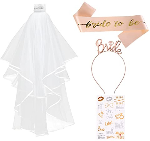 Aomig Bride to Be JGA Deko Schärpe Set 4pcs Team Bride Schärpe Set Junggesellinnenabschied Hochzeitsfotografie Geburtstagskrone Geburtstag Mädchen Schleier Tiara Bachelorette Party Rosegold Stirnband