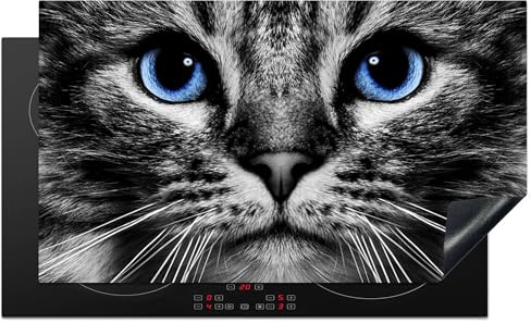 KitchenYeah© Protège Plaque Induction Deco Cuisine Accessoire Pratique | 90x52 cm - Protection De Vitroceramique Kitchen Gadget Chat - Noir - Blanc - Yeux - Bleu