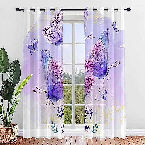 ENEN 2er Set Scheibengardinen 3D Schmetterling Halbtransparent Bistrogardine, Schlaufengardinen Gardinen Küche, Türgardine für Küche Wohnzimmer Landhaus (Rosa Violett,107x160cm)