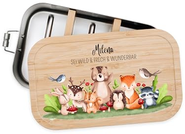 Bärenfreunde® - Personalisierte Brotdose für Kinder mit Spezial-Druck - Robuste Edelstahl Brotdose - Personalisierte Geschenke für Kinder & Erwachsene (Tierfamilie winkt,klein Edelstahl)