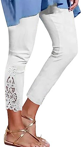 Leggings Damen 3/4 High Waist Capri Leggins Blickdicht Caprihose Sommer Baumwolle Leggings mit Spitze Sporthose Leggins 7/8 Damen Yoga Gym Capri Leggings Damen 3/4 Sport Leggins Blickdicht Leggings